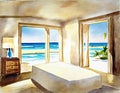 Watercolor of A bedroom with a beach theme featuring a canvas painting as the main point of
