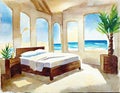 Watercolor of A bedroom with a beach theme featuring a canvas painting as the main point of