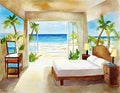 Watercolor of A bedroom with a beach theme featuring a canvas painting as the main point of