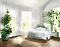 Watercolor of Bedroom with farmhouse white wooden green