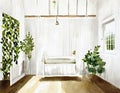 Watercolor of Bedroom with farmhouse white wooden green