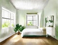 Watercolor of Bedroom with farmhouse white wooden green