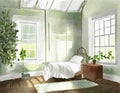 Watercolor of Bedroom with farmhouse white wooden green