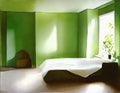 Watercolor of A bedroom with green decor at