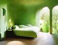 Watercolor of A bedroom with green decor at