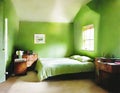 Watercolor of A bedroom with green decor at