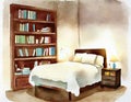 Watercolor of A bedroom scene with bookshelf full of books and anotlamp on