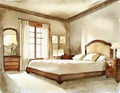 Watercolor of Bedroom with wooden beige framed