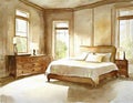 Watercolor of Bedroom with wooden beige framed