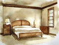 Watercolor of Bedroom with wooden beige framed