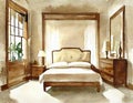 Watercolor of Bedroom with wooden beige framed