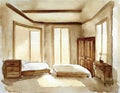 Watercolor of Bedroom with wooden beige framed