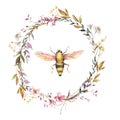 Watercolor bee illustration. Vintage wildflowers wreath