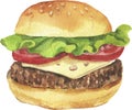 Watercolor beef burger. Hand drawn watercolor illustration.