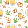 Watercolor beer glass and pint. Seamless pattern