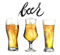 Watercolor beer glasses set isolated on white background
