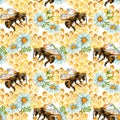 Watercolor bees, flowers and honeycombs seamless pattern