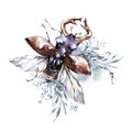Watercolor beetle with horns on a floral background. Animal, insects. Magic flight. Can be printed on T-shirts, bags