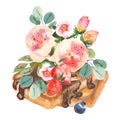 Delicious crispy Viennese waffles with berry and flowers painting by watercolor on white background, hand drawn