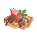 Delicious crispy Viennese waffles with berry and chocolate painting by watercolor on white background, hand drawn