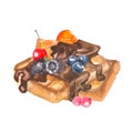 Delicious crispy Viennese waffles with berry and chocolate painting by watercolor on white background, hand drawn