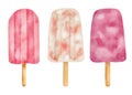 Watercolor berry popsicle set. Hand painted strawberry and cream ice pops isolated on white background. Summer frozen