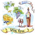 Watercolor best wine time concept sketch vector illustration Royalty Free Stock Photo