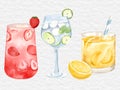 watercolor beverage and juice element collection set strawberry, lime, orange juice