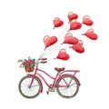 Watercolor bicycle and hearts for Valentine`s Day. Romantic picture. Greeting card with balloons. Royalty Free Stock Photo