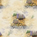 Watercolor bicycle seamless pattern near old building