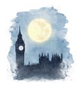 Watercolor Big Ben in night silhouette with moon Royalty Free Stock Photo