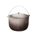 Watercolor big black saucepan for campfire illlustration. Camping equipment for recreation tourism and adverture