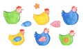 Watercolor big Colorful chicken Hens, Easter decor illustration, spring