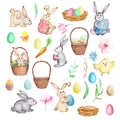 Watercolor big Easter set, rabbits, eggs, basket, flowers Royalty Free Stock Photo