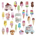 Watercolor big set of ice creams and ice cream buses