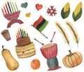 Watercolor big set of illustrations for Kwanzaa celebration, motifs, traditional holiday. White background.