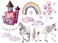 Watercolor big set with unicorns and fairy tale decor. Hand painted magic horses, castle, rainbow, clouds, stars and air