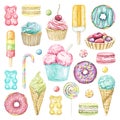 Watercolor big set with various multicolored sweets Royalty Free Stock Photo