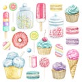 Watercolor big set with various multicolored sweets Royalty Free Stock Photo