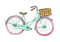 Watercolor bike. Element of greeting card. Tiffany color bicycle. Spring, travel, helth lifestyle.