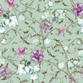 Watercolor bindweed on green background. Seamless pattern.