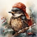 watercolor bird, donned in a vibrant New Year cap, perches upon a snow-covered branch adorned with festive red berries Royalty Free Stock Photo