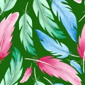 Watercolor bird feathers in pink and blue and green. Seamless pattern for textile design. Royalty Free Stock Photo