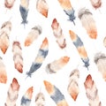 Watercolor bird feathers seamless pattern. Boho style digital paper. Tribal illustration