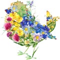 Watercolor bird, flowers and butterflies.