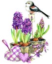 Watercolor Bird and Garden flowers background.