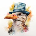 Watercolor Bird With Hat: Dreamlike Street Art Style Illustration