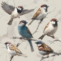 Watercolor bird pattern design, hand painted sparrows on branches Royalty Free Stock Photo