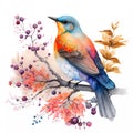 A watercolor bird sits on a branch with pink flowers. Spring illustration on a white background. Generative AI