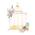 Watercolor Birdcage Royal Bouquet Flowers Purple Roses Floral Flowers Berries Royalty Free Stock Photo